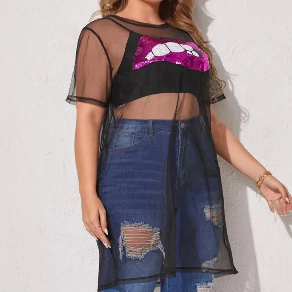 Shein Curve Unity Plus Black Mesh Pink Sequin Tunic Top Sheer 4X - Picture 5 of 11